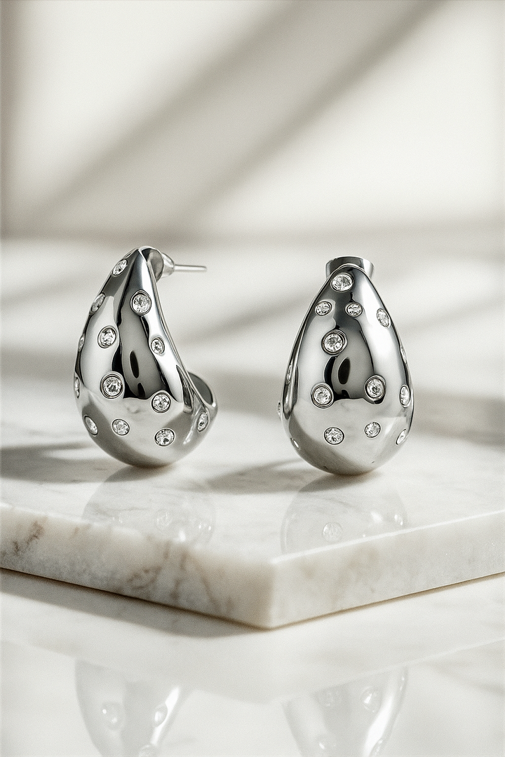 ARC Silver Statement Earrings with Crystal Accents – Bold Rhinestone Hoop Design for Women