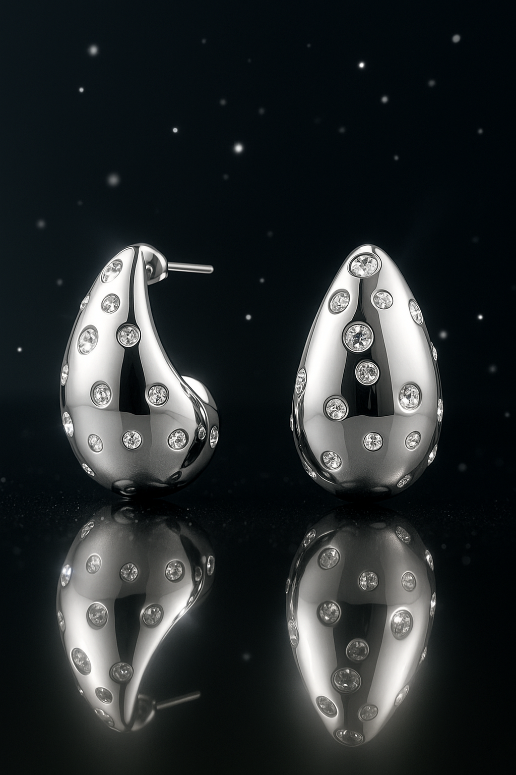 Teardrop Silver Statement Earrings with Crystal Accents – Bold Rhinestone Hoop Design for Women