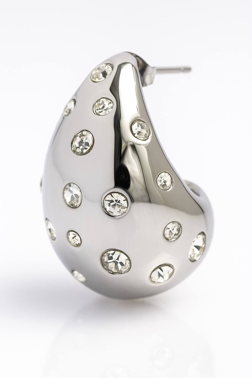 Teardrop Silver Statement Earrings with Crystal Accents – Bold Rhinestone Hoop Design for Women