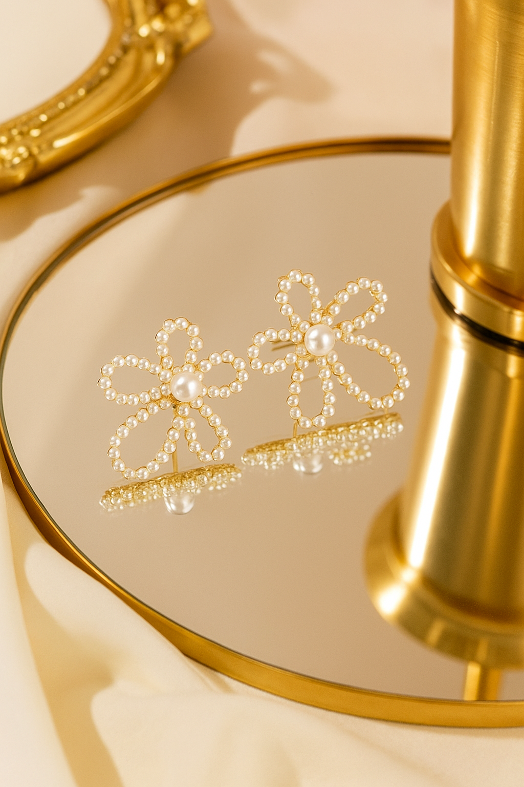 Elegant Pearl Flower Earrings – Gold-Plated Statement Studs for Women | Bridal & Party Jewelry