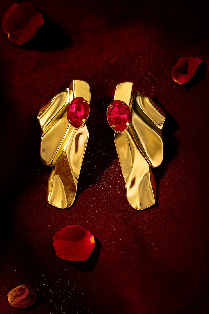 Bold Abstract Gold Drop Earrings with Ruby Pink Gemstone