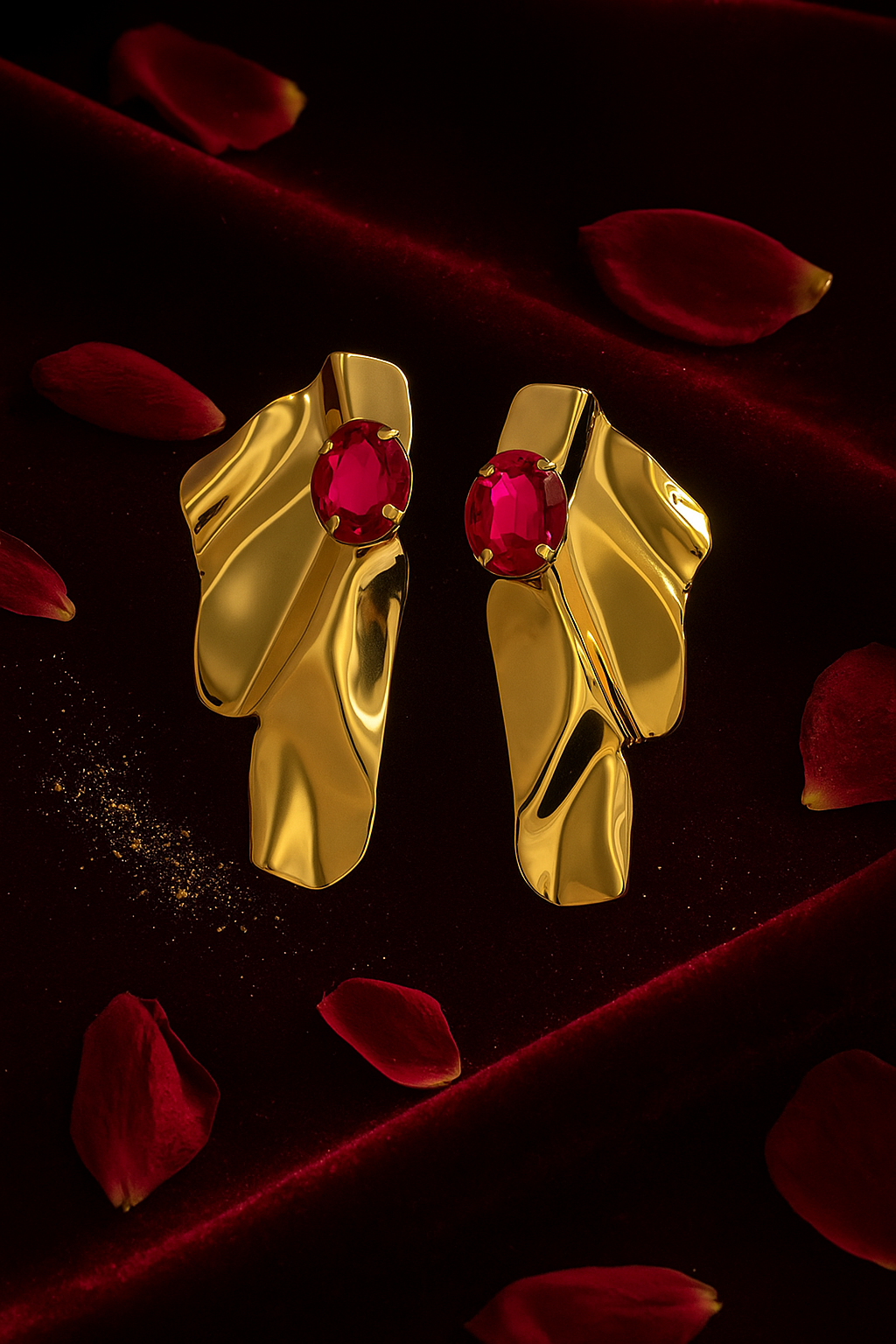 Bold Abstract Gold Drop Earrings with Ruby Pink Gemstone