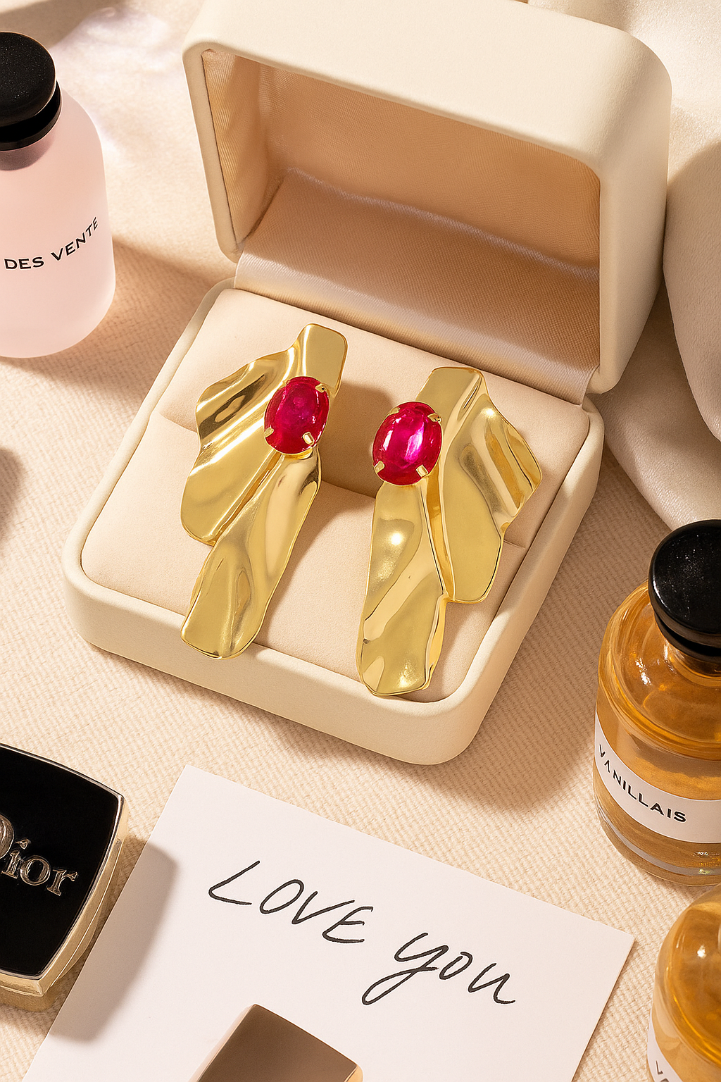 Bold Abstract Gold Drop Earrings with Ruby Pink Gemstone