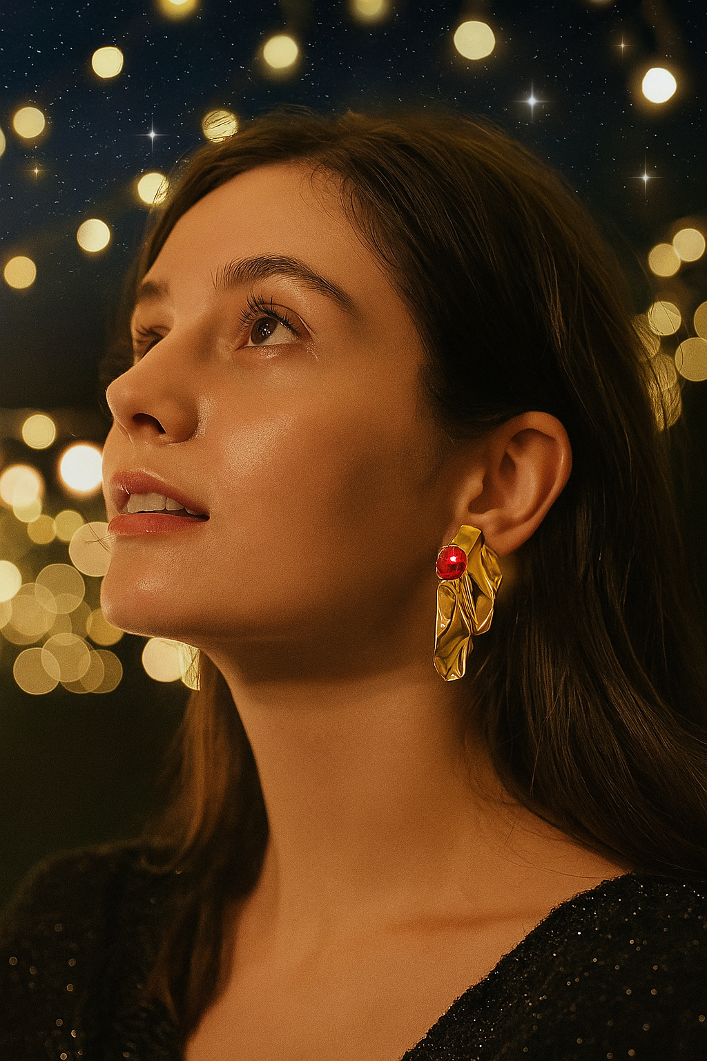 Bold Abstract Gold Drop Earrings with Ruby Pink Gemstone