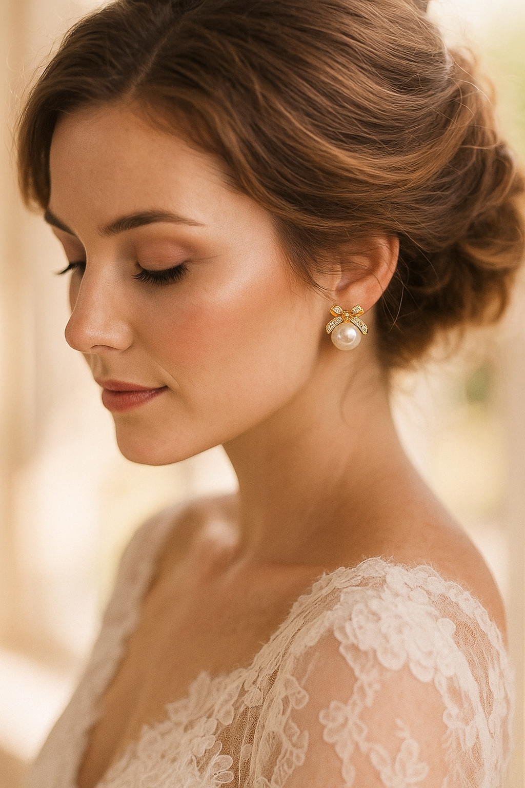 Elegant Gold Bow Pearl Stud Earrings for Women – Dainty Crystal Ribbon Design, Bridal & Party Jewelry