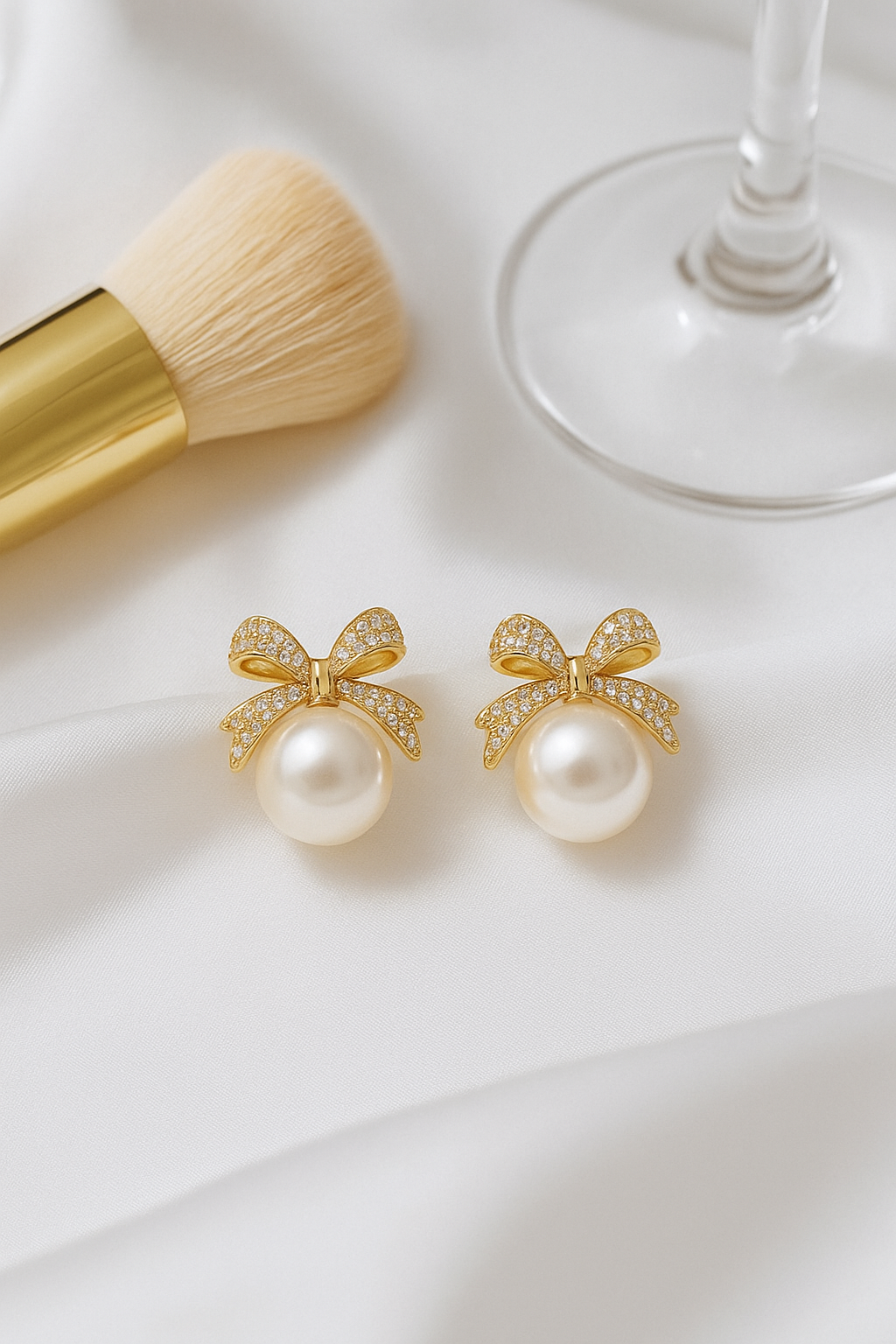 Elegant Gold Bow Pearl Stud Earrings for Women – Dainty Crystal Ribbon Design, Bridal & Party Jewelry