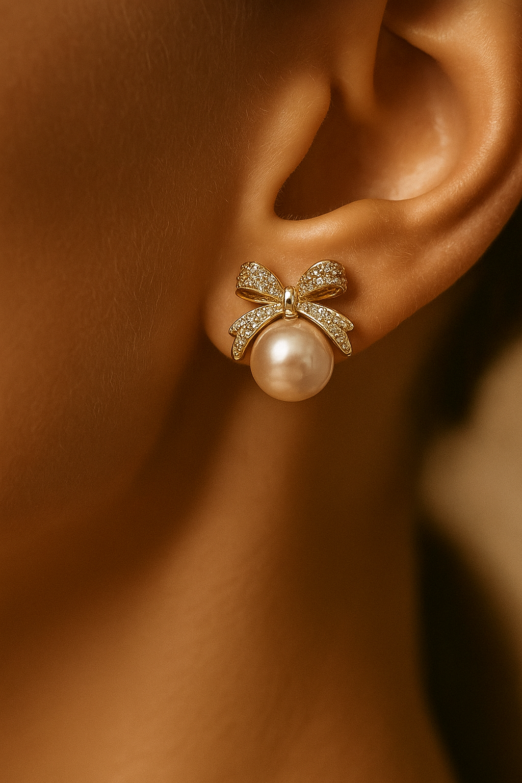 Elegant Gold Bow Pearl Stud Earrings for Women – Dainty Crystal Ribbon Design, Bridal & Party Jewelry