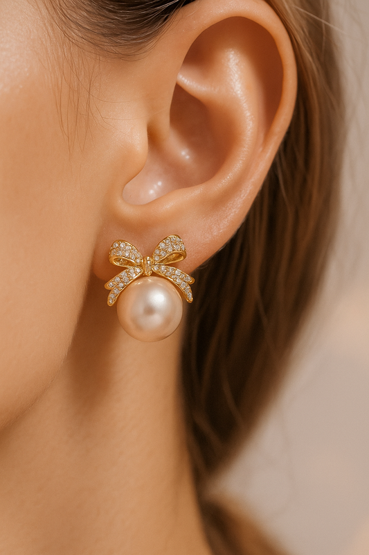 Elegant Gold Bow Pearl Stud Earrings for Women – Dainty Crystal Ribbon Design, Bridal & Party Jewelry