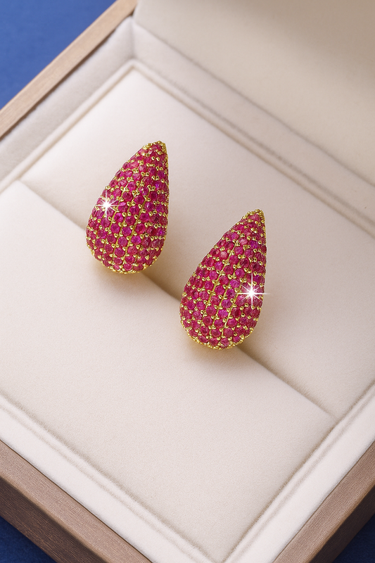 Elegant Pink Teardrop Crystal Earrings for Women – Gold-Plated Luxury Statement Studs for Parties & Weddings