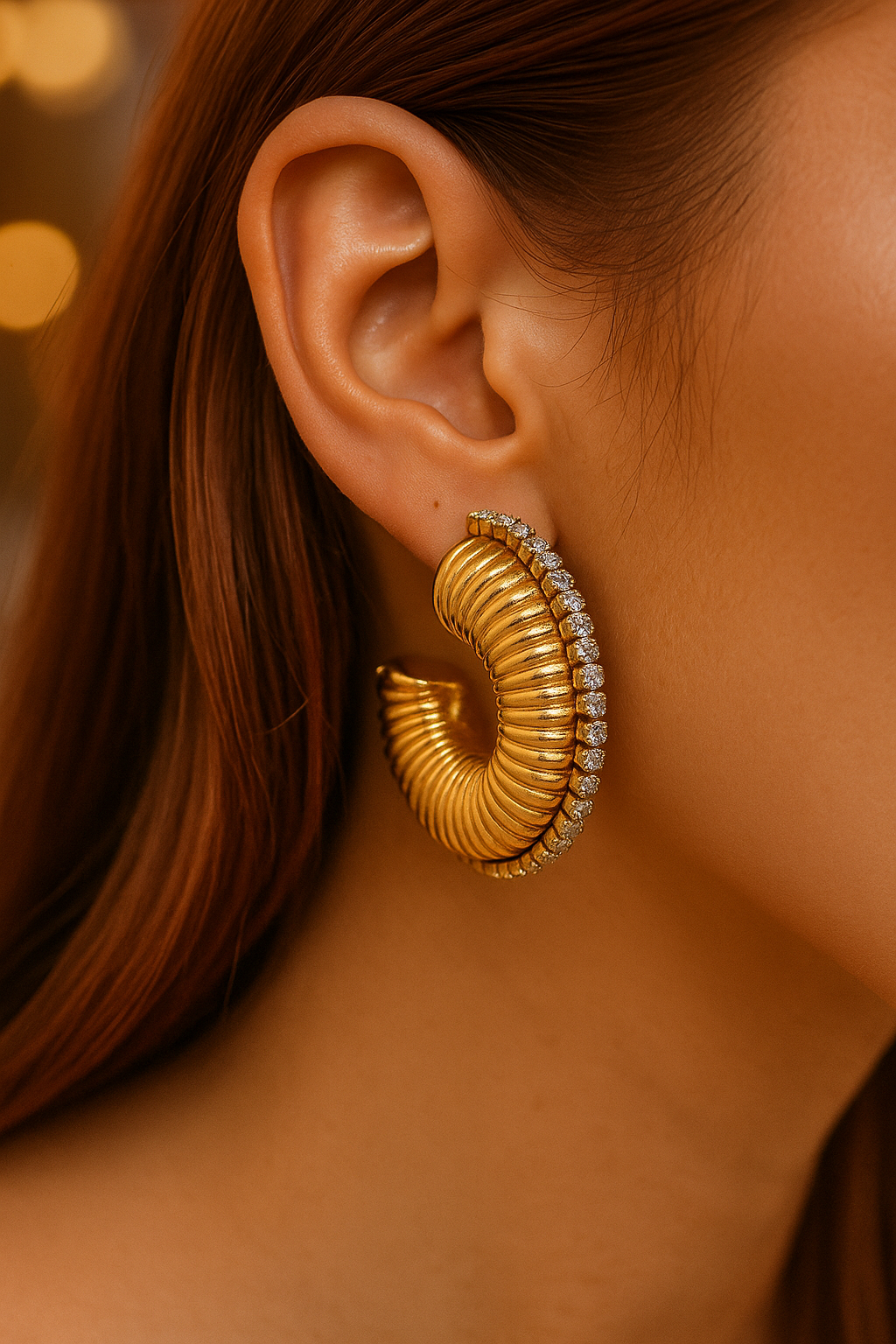 Gold Textured Hoop Earrings for Women | Luxury Rhinestone Statement Earrings | 316L Stainless Steel | Hypoallergenic & Tarnish-Free