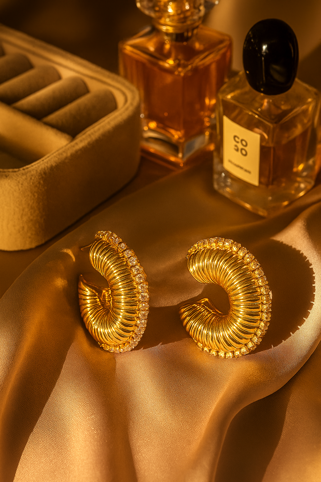 Gold Textured Hoop Earrings for Women | Luxury Rhinestone Statement Earrings | 316L Stainless Steel | Hypoallergenic & Tarnish-Free