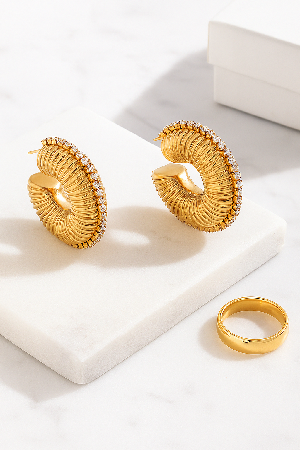 Gold Textured Hoop Earrings for Women | Luxury Rhinestone Statement Earrings | 316L Stainless Steel | Hypoallergenic & Tarnish-Free