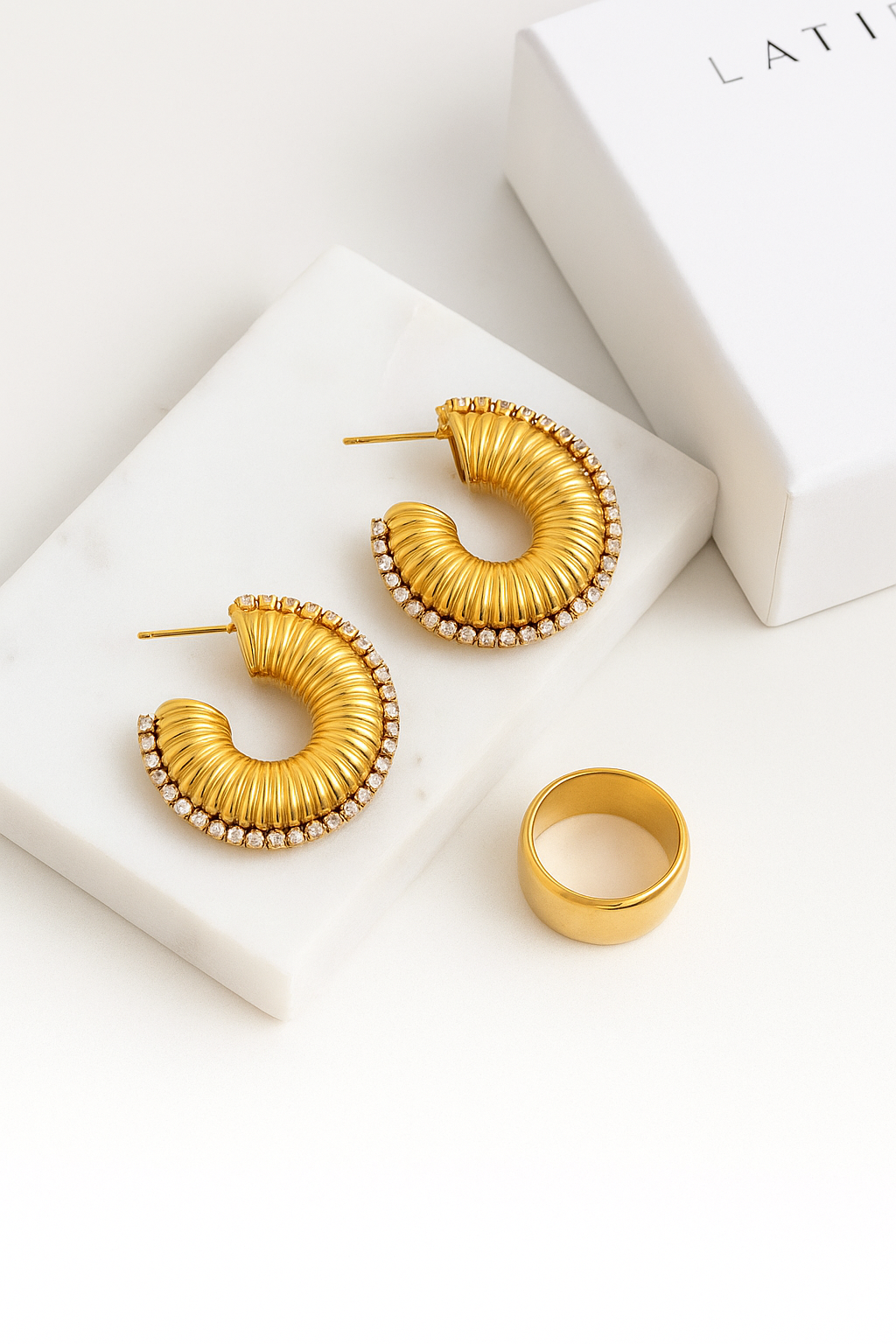 Gold Textured Hoop Earrings for Women | Luxury Rhinestone Statement Earrings | 316L Stainless Steel | Hypoallergenic & Tarnish-Free