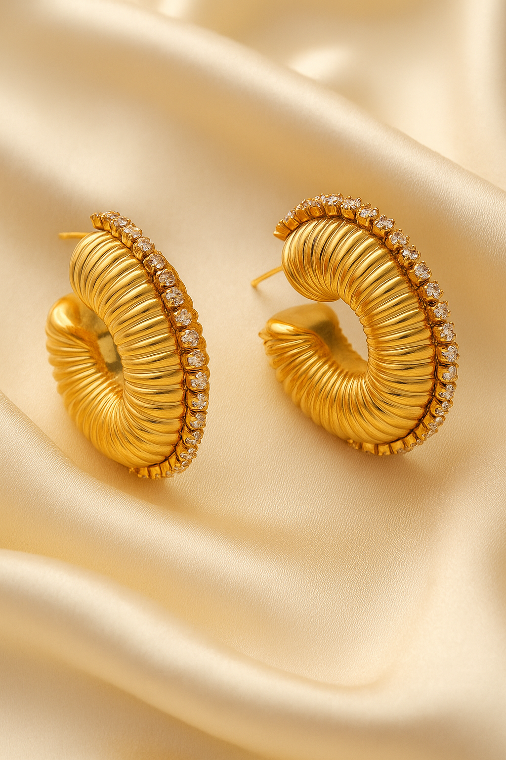 Gold Textured Hoop Earrings for Women | Luxury Rhinestone Statement Earrings | 316L Stainless Steel | Hypoallergenic & Tarnish-Free