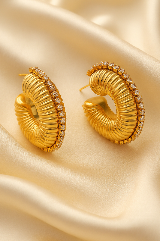 Gold Textured Hoop Earrings for Women | Luxury Rhinestone Statement Earrings | 316L Stainless Steel | Hypoallergenic & Tarnish-Free