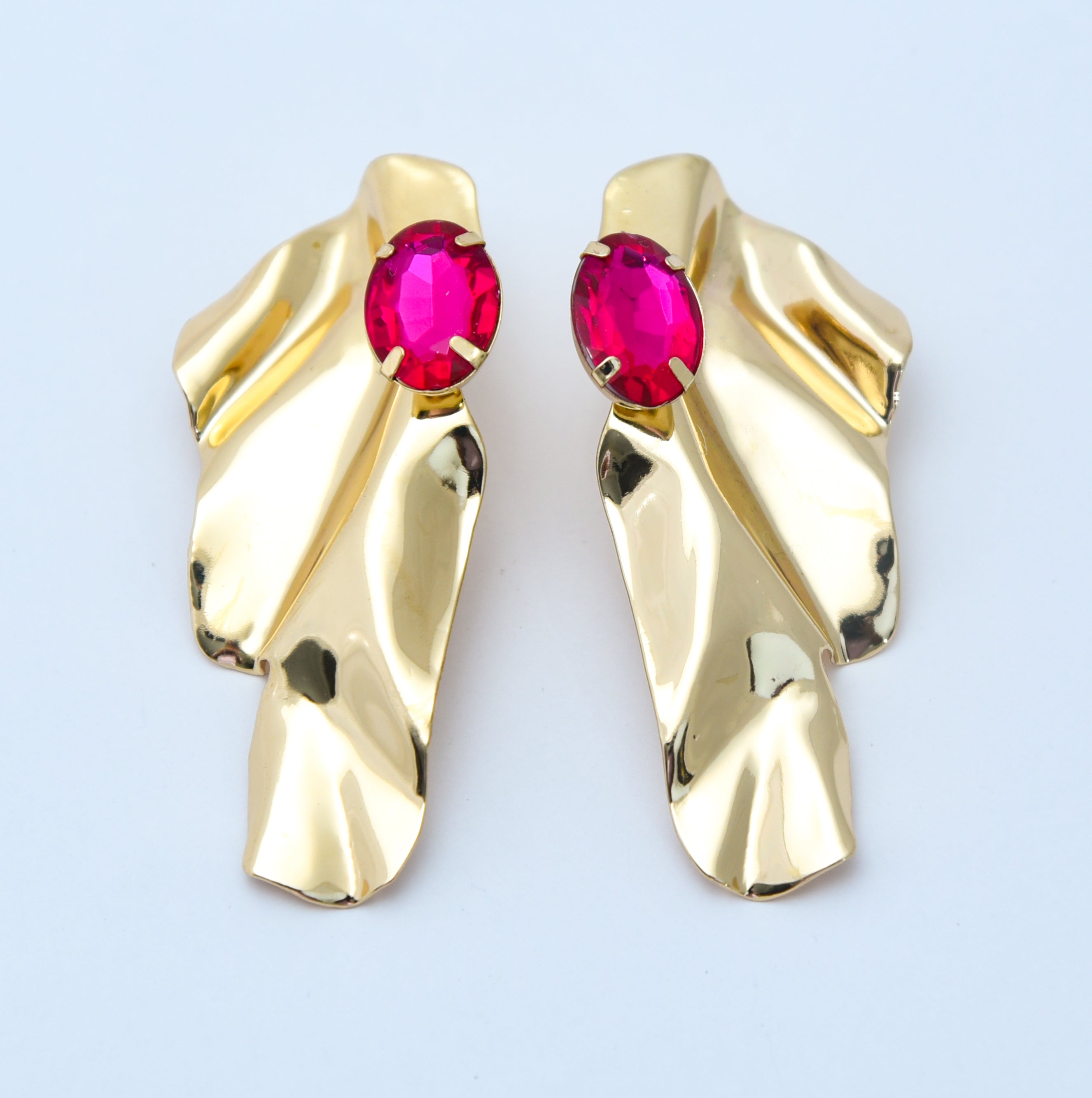 Bold Abstract Gold Drop Earrings with Ruby Pink Gemstone