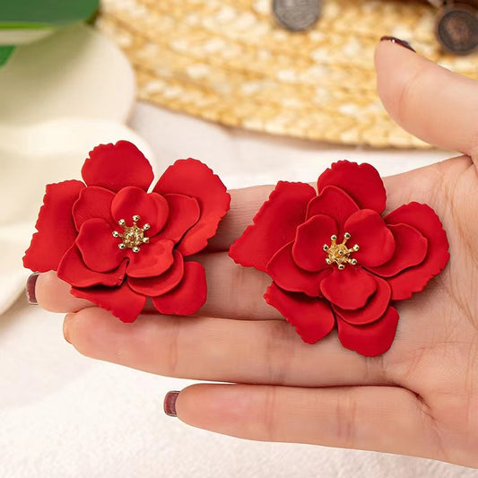 Red flower metal earrings