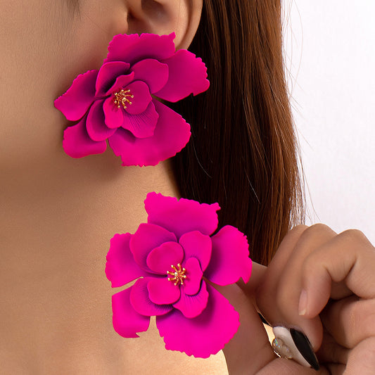 Pink flower metal earrings