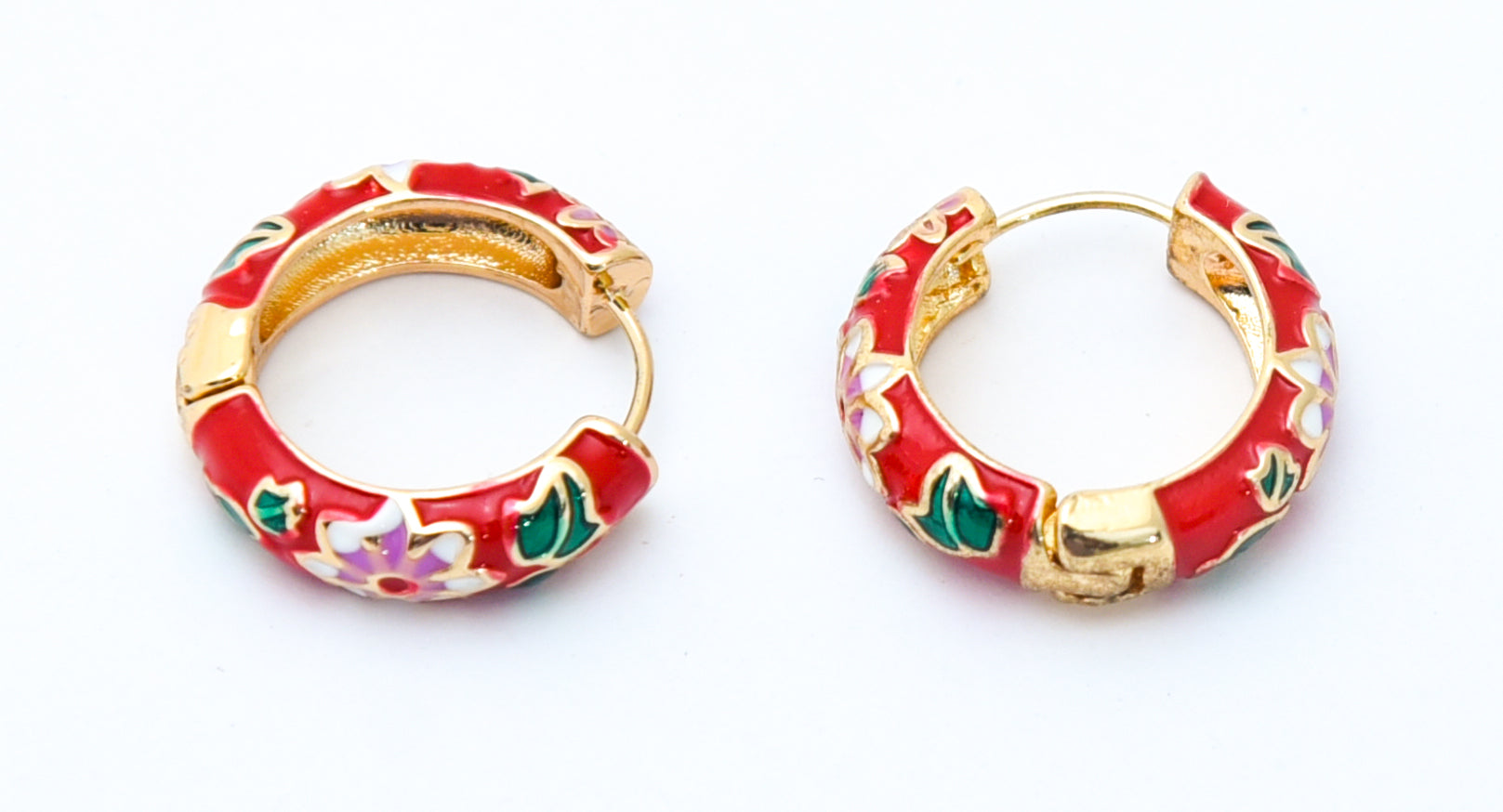 Red enamel floral loop earring