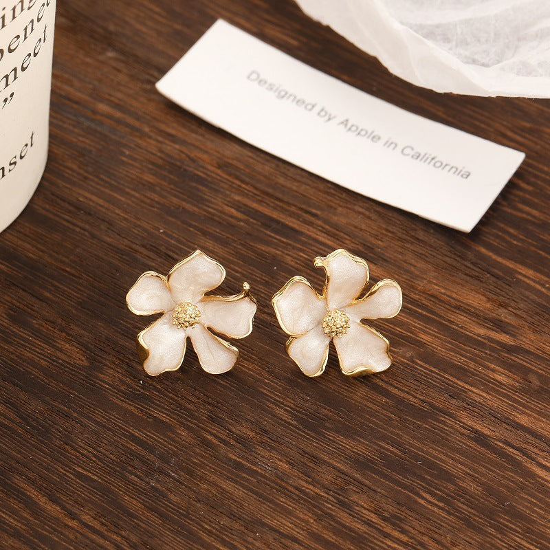 Elegant Floral Pearl Enamel Stud Earrings
