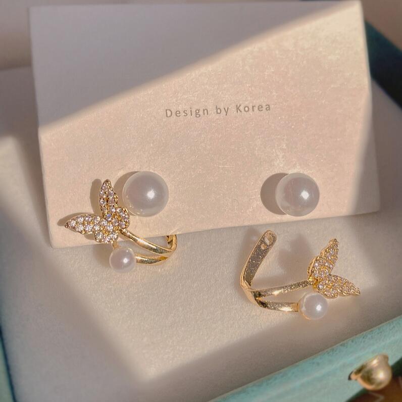 Winged Charms – Gold Finish Pearl Stud Earrings